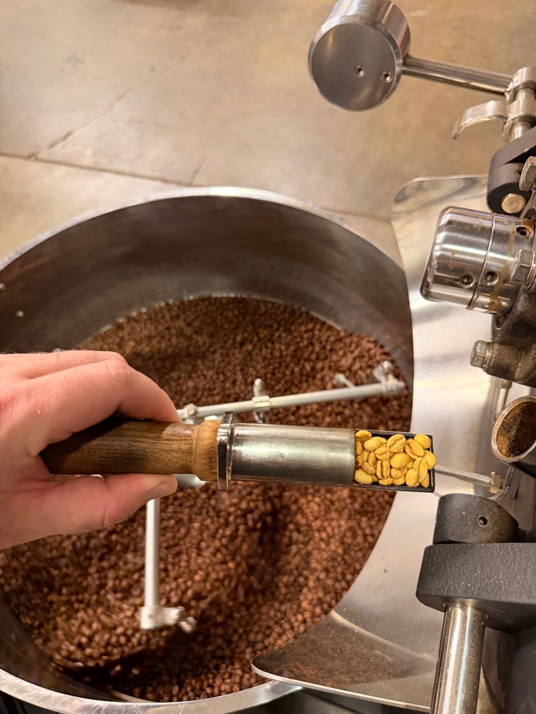 Pulling the trier mid-roast: green beans in the sample scoop, a dark batch turning in the drum behind